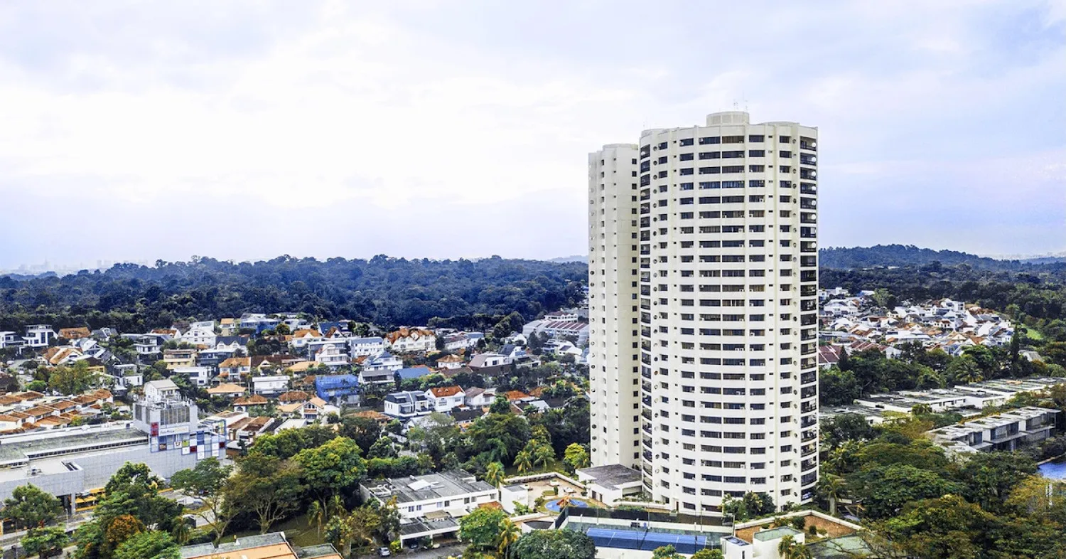 Image of Thomson View against the blue sky. Torn down and replaced by Thomson Reserve.